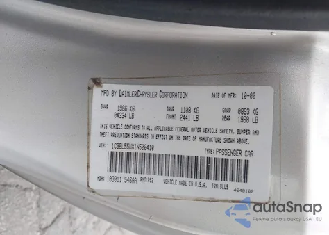 2001 Chrysler Sebring Lxi z USA, uszkodzony, nr VIN 1C3EL55UX1N500410